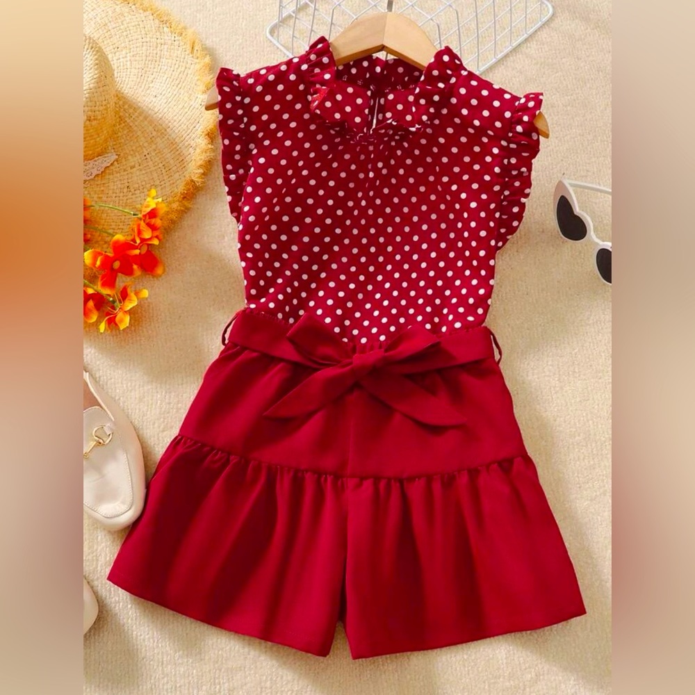 Girls Polka Dot Print Frilled Neck Top & Belted Shorts 2 Pieces